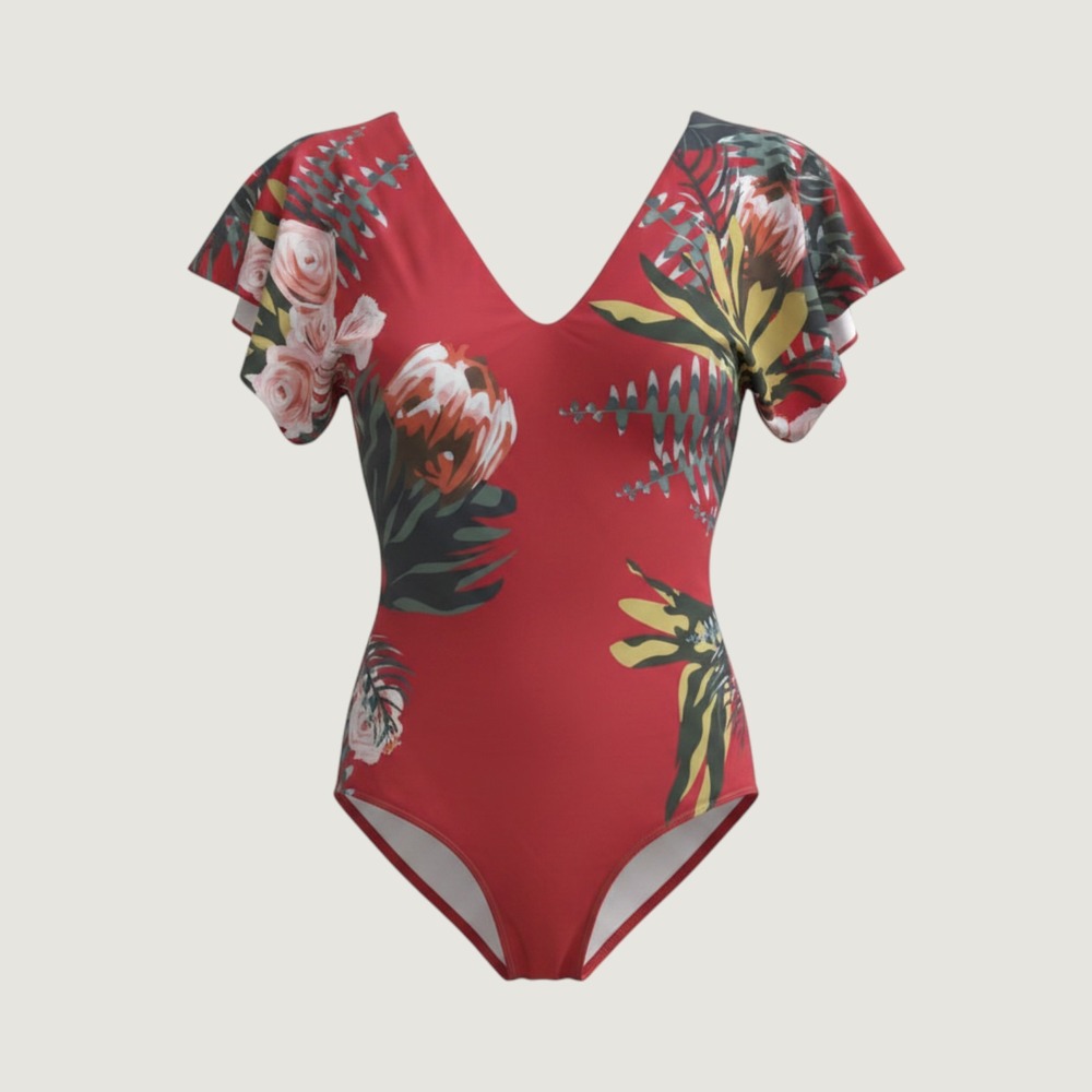 Byinns Red Tropical Floral Flutter Sleeve One Piece Swimsuit V-Neck Womens Small